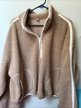 Old Navy Tan Sherpa Quarter-Zip Pullover with Cream Trim